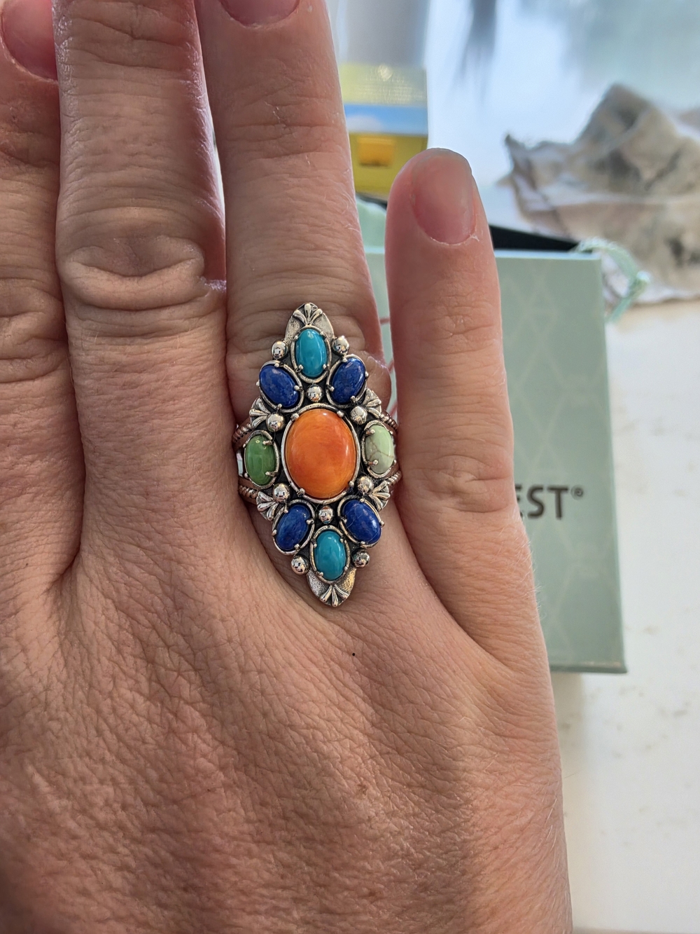 Bohemian Multi-Stone Silver Statement Ring - Orange, Blue, Green